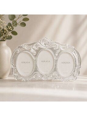 Mikasa Princess Crystal Triple Oval Photo Frame Frosted Lead Crystal Vintage 13"